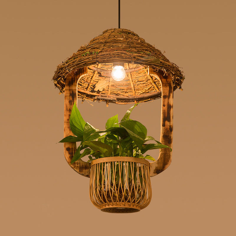 1 Head Rattan Pendant Lighting Industrial Brown Hut Plant Pot Restaurant Pendulum Light Clearhalo 'Ceiling Lights' 'Industrial Pendants' 'Industrial' 'Middle Century Pendants' 'Pendant Lights' 'Pendants' 'Tiffany' Lighting' 784983