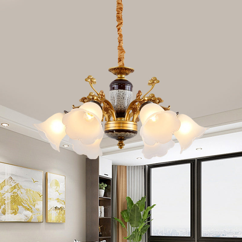 White Glass Floral Pendant Lighting Traditional 6 Lights Living Room Chandelier Lamp in Gold Clearhalo 'Ceiling Lights' 'Chandeliers' Lighting' options 785204