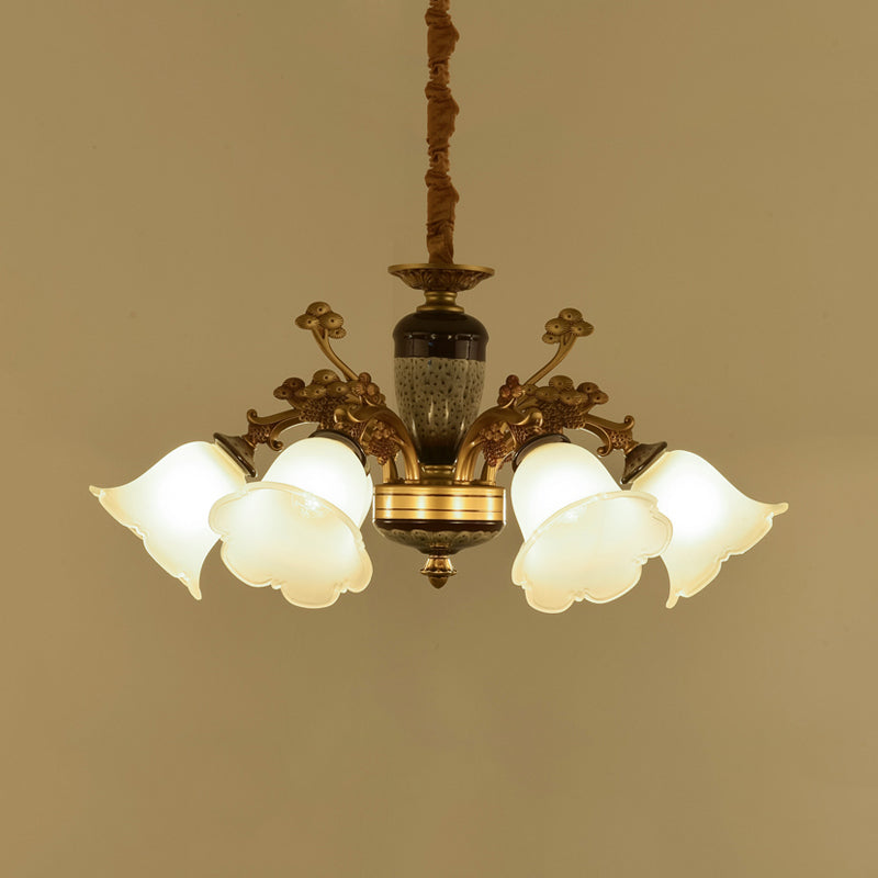 White Glass Floral Pendant Lighting Traditional 6 Lights Living Room Chandelier Lamp in Gold Clearhalo 'Ceiling Lights' 'Chandeliers' Lighting' options 785206