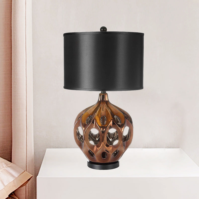 Ceramic Hollowed Out Jar Nightstand Lamp Retro 1-Bulb Bedroom Table Lighting in Gold/Rose Gold with Black Drum Shade Clearhalo 'Lamps' 'Table Lamps' Lighting' 785336