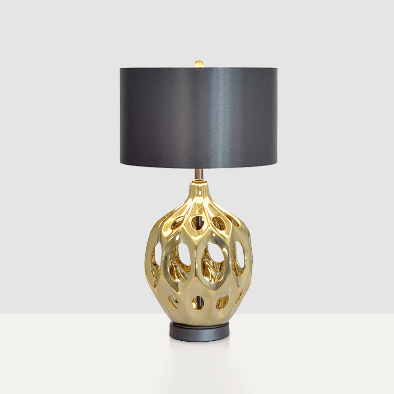 Ceramic Hollowed Out Jar Nightstand Lamp Retro 1-Bulb Bedroom Table Lighting in Gold/Rose Gold with Black Drum Shade Clearhalo 'Lamps' 'Table Lamps' Lighting' 785340