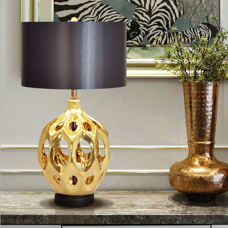 Ceramic Hollowed Out Jar Nightstand Lamp Retro 1-Bulb Bedroom Table Lighting in Gold/Rose Gold with Black Drum Shade Clearhalo 'Lamps' 'Table Lamps' Lighting' 785341