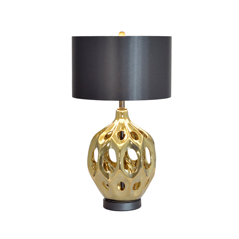 Ceramic Hollowed Out Jar Nightstand Lamp Retro 1-Bulb Bedroom Table Lighting in Gold/Rose Gold with Black Drum Shade Clearhalo 'Lamps' 'Table Lamps' Lighting' 785342