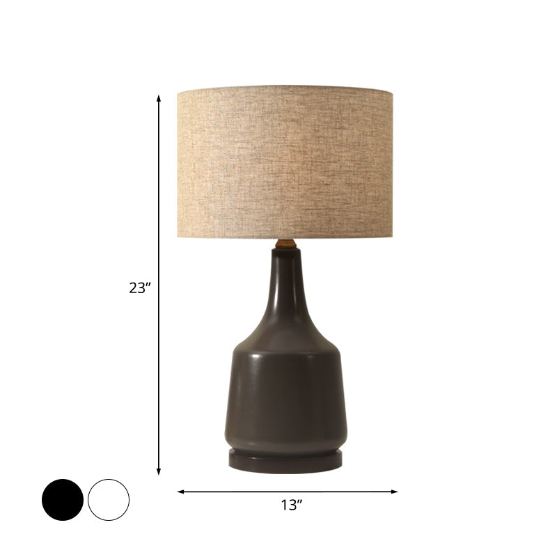 Fabric Black/White Nightstand Light Round 1-Light Retro Style Night Lamp with Ceramic Bottle Base Clearhalo 'Lamps' 'Table Lamps' Lighting' 785346
