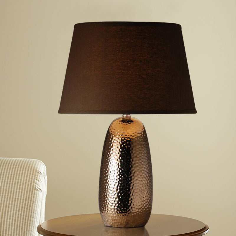 1 Light Table Lighting Rural Bedroom Hammered Ovoid Nightstand Lamp with Conical Fabric Shade in Brown Clearhalo 'Lamps' 'Table Lamps' Lighting' 785352