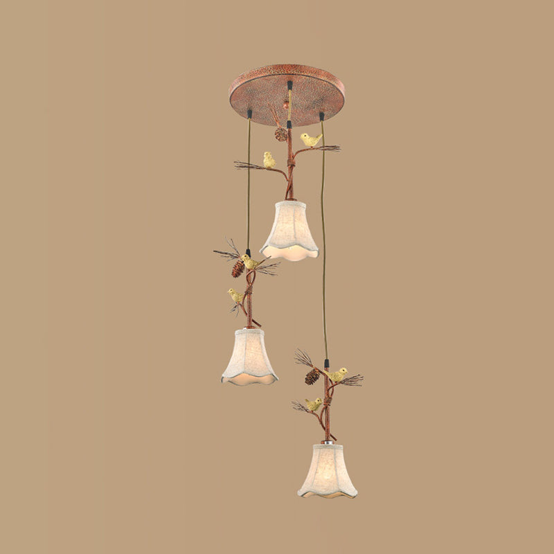 Flaxen 3/5 Heads Cluster Pendant Light Country Fabric Scalloped Suspension Lamp with Bird and Pinecone Deco Clearhalo 'Ceiling Lights' 'Pendant Lights' 'Pendants' Lighting' 785362