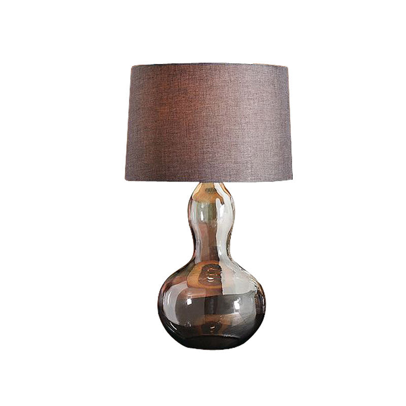 1 Light Drum Shade Nightstand Light Countryside Brown Fabric Night Lamp with Smoke Glass Gourd Base Clearhalo 'Lamps' 'Table Lamps' Lighting' 785367
