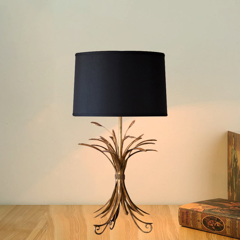 Drum Shade Bedroom Night Table Lighting Rustic Fabric 1-Bulb Black Finish Nightstand Light with Wheat Bunch Base Black Clearhalo 'Lamps' 'Table Lamps' Lighting' 785373