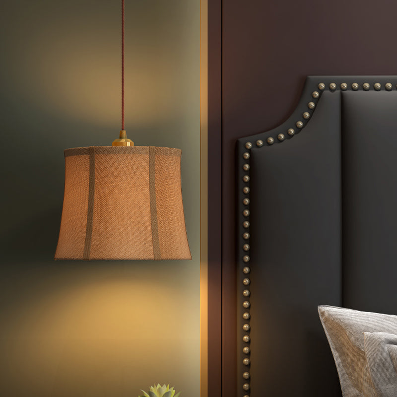 Brown Paneled Bell Pendant Light Fixture Country Fabric 1 Head Bedroom Suspension Lighting Clearhalo 'Ceiling Lights' 'Pendant Lights' 'Pendants' Lighting' 785427