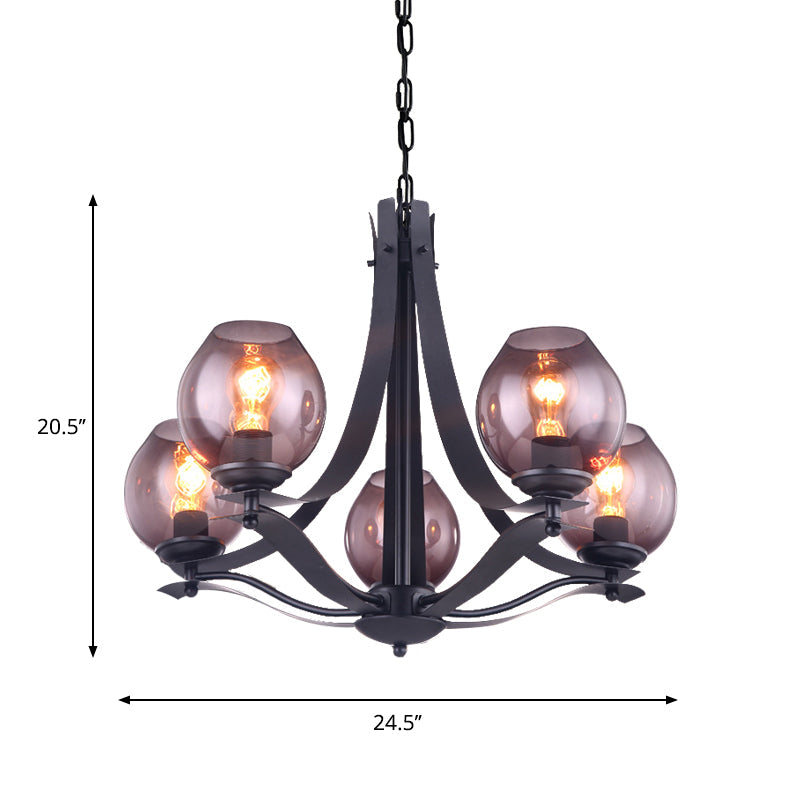 Traditional Cup Shaped Hanging Lighting 5 Heads Grey Glass Chandelier Pendant Lamp in Black Clearhalo 'Ceiling Lights' 'Chandeliers' Lighting' options 785486