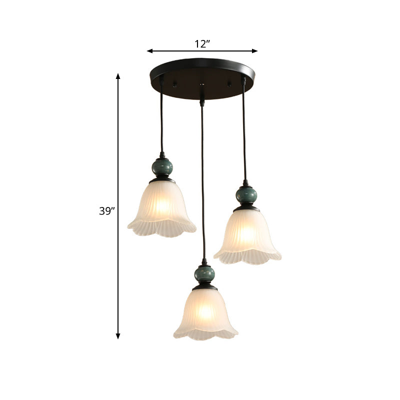 Frosted Ribbed Glass Flared Cluster Pendant Rustic 3 Lights Dining Room Hanging Lamp Kit in Black with Round/Linear Canopy Clearhalo 'Ceiling Lights' 'Pendant Lights' 'Pendants' Lighting' 785710