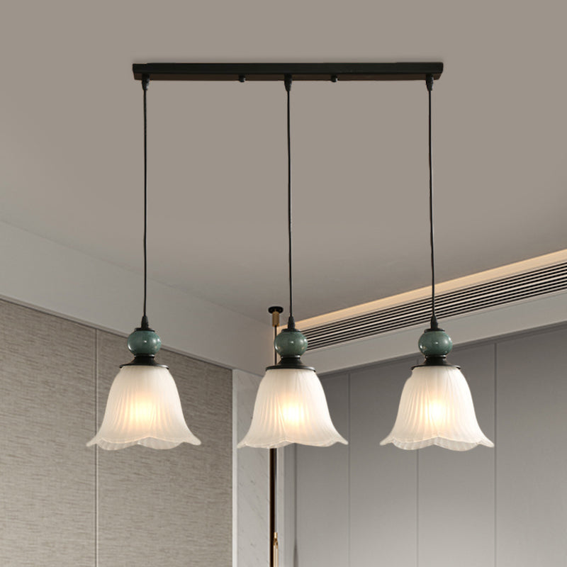 Frosted Ribbed Glass Flared Cluster Pendant Rustic 3 Lights Dining Room Hanging Lamp Kit in Black with Round/Linear Canopy Clearhalo 'Ceiling Lights' 'Pendant Lights' 'Pendants' Lighting' 785711