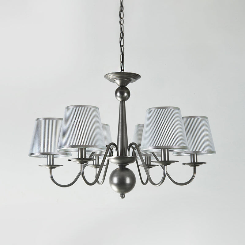 Metal Silver/Blue/White and Silver Hanging Light Curving Arm 6 Lights Rustic Pendant Chandelier with Cone Fabric Shade Clearhalo 'Ceiling Lights' 'Chandeliers' Lighting' options 785732