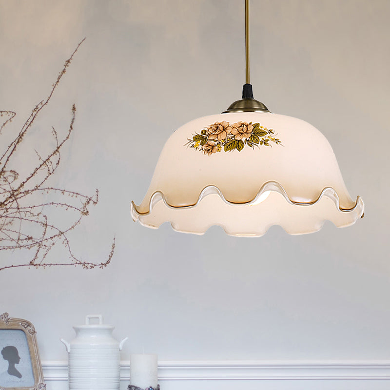 1-Light Scalloped Bowl Drop Pendant Pastoral White Printed Glass Hanging Ceiling Light White Clearhalo 'Ceiling Lights' 'Glass shade' 'Glass' 'Pendant Lights' 'Pendants' Lighting' 785814