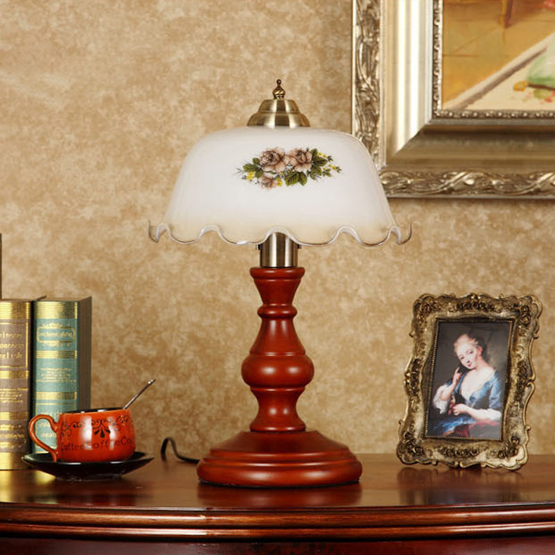 Red Brown Baluster Night Light Countryside Wood 1 Head Lounge Table Lamp with Bowled Opal Glass Lampshade Red Brown Clearhalo 'Lamps' 'Table Lamps' Lighting' 785871