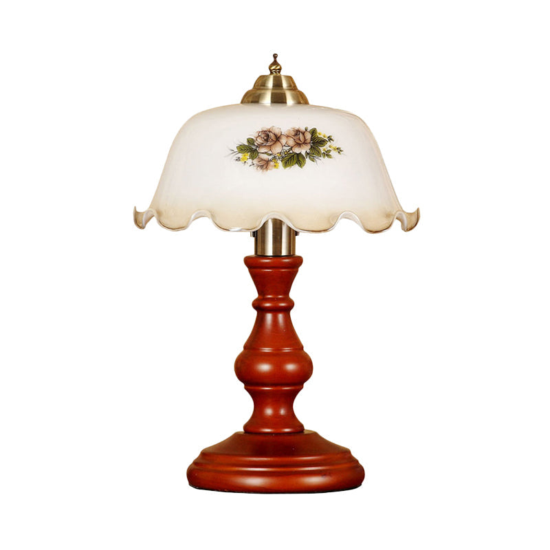 Red Brown Baluster Night Light Countryside Wood 1 Head Lounge Table Lamp with Bowled Opal Glass Lampshade Clearhalo 'Lamps' 'Table Lamps' Lighting' 785872