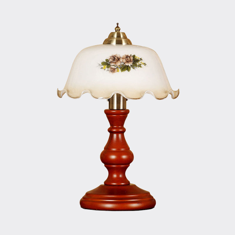 Red Brown Baluster Night Light Countryside Wood 1 Head Lounge Table Lamp with Bowled Opal Glass Lampshade Clearhalo 'Lamps' 'Table Lamps' Lighting' 785873