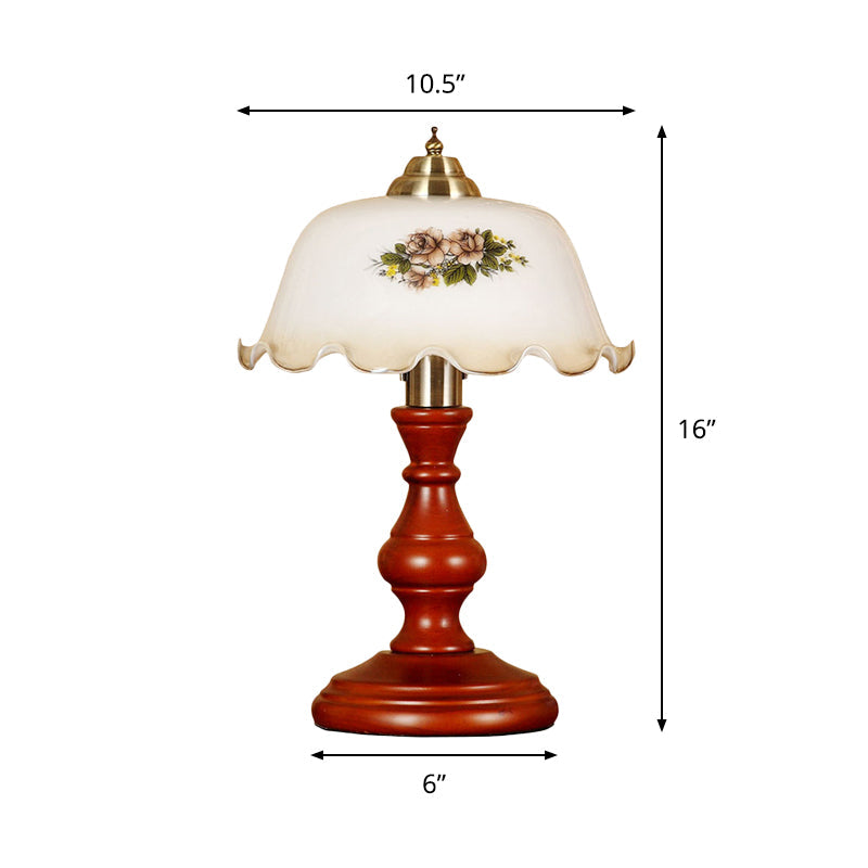Red Brown Baluster Night Light Countryside Wood 1 Head Lounge Table Lamp with Bowled Opal Glass Lampshade Clearhalo 'Lamps' 'Table Lamps' Lighting' 785874