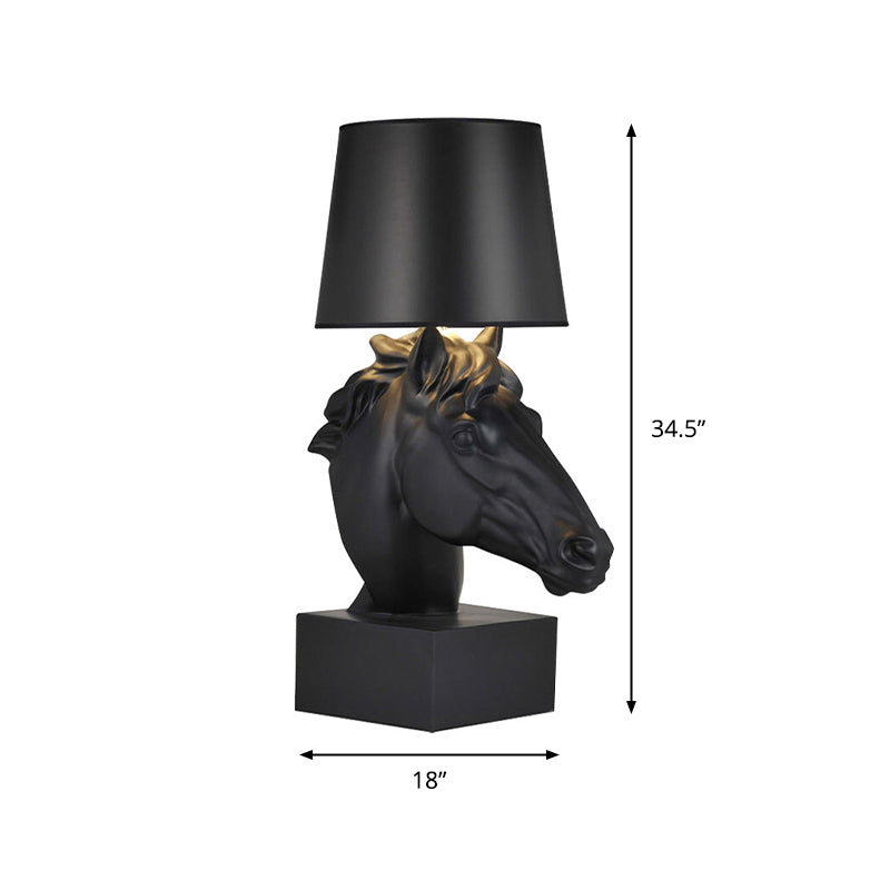 1 Bulb Fabric Table Lighting Country Style Black Tapering Parlor Night Lamp with Steed Head Base Clearhalo 'Lamps' 'Table Lamps' Lighting' 786051