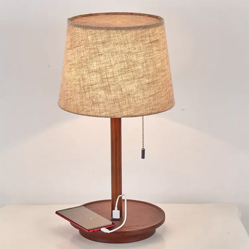 1-Light Bucket Pull Chain Night Lamp Rural Flaxen Fabric Table Light with USB Charging Port Flaxen Clearhalo 'Lamps' 'Table Lamps' Lighting' 786200