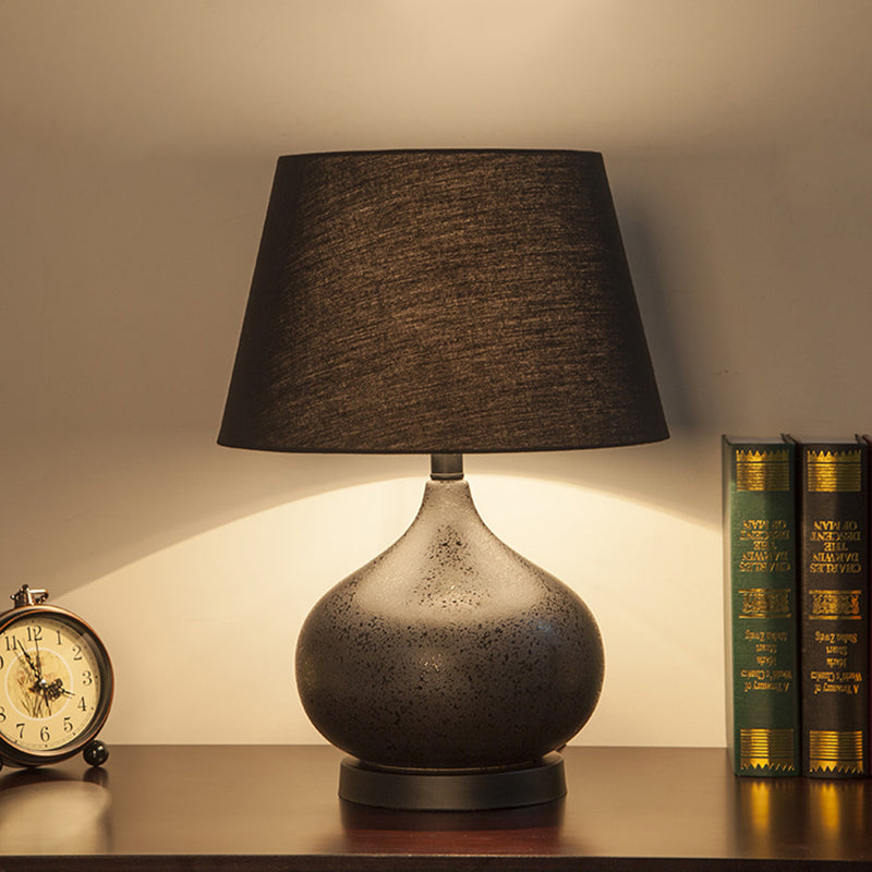 1-Light Night Lamp Farm Style Teardrop Ceramic Table Lighting with Drum Fabric Shade in Black Black Clearhalo 'Lamps' 'Table Lamps' Lighting' 786212