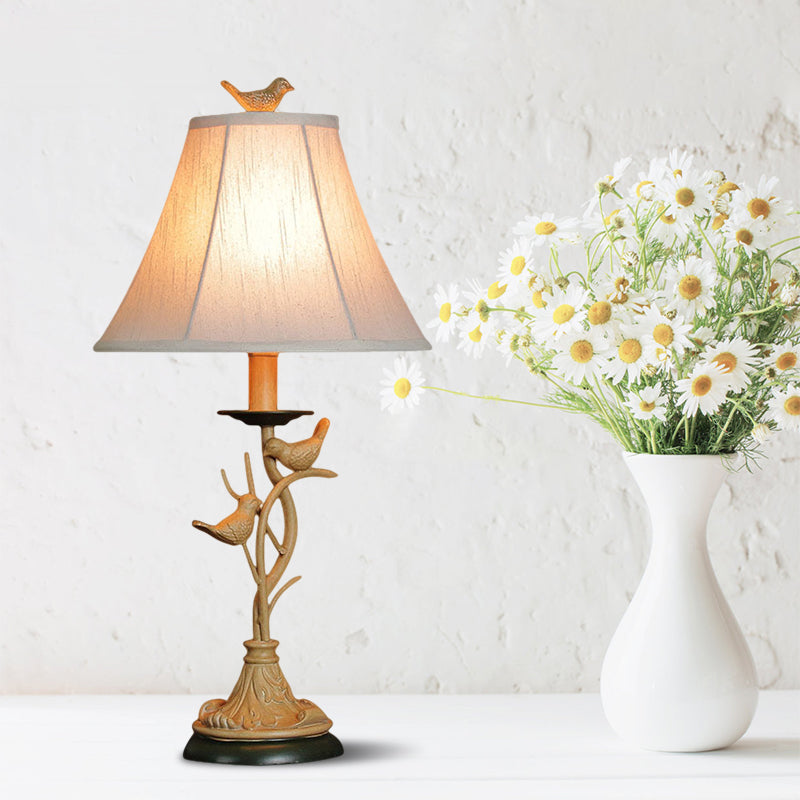 Khaki 1 Bulb Table Lamp Country Fabric Flared Nightstand Light with Twig and Bird Decoration Khaki Clearhalo 'Lamps' 'Table Lamps' Lighting' 786236