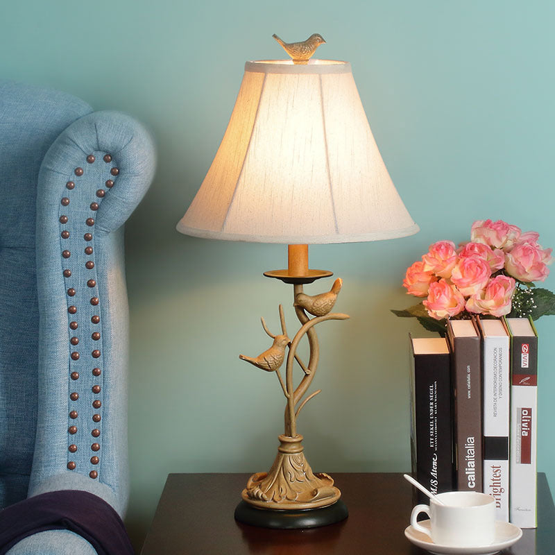 Khaki 1 Bulb Table Lamp Country Fabric Flared Nightstand Light with Twig and Bird Decoration Clearhalo 'Lamps' 'Table Lamps' Lighting' 786237