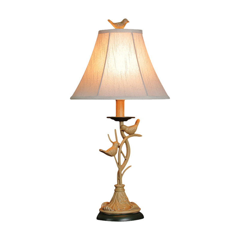 Khaki 1 Bulb Table Lamp Country Fabric Flared Nightstand Light with Twig and Bird Decoration Clearhalo 'Lamps' 'Table Lamps' Lighting' 786238