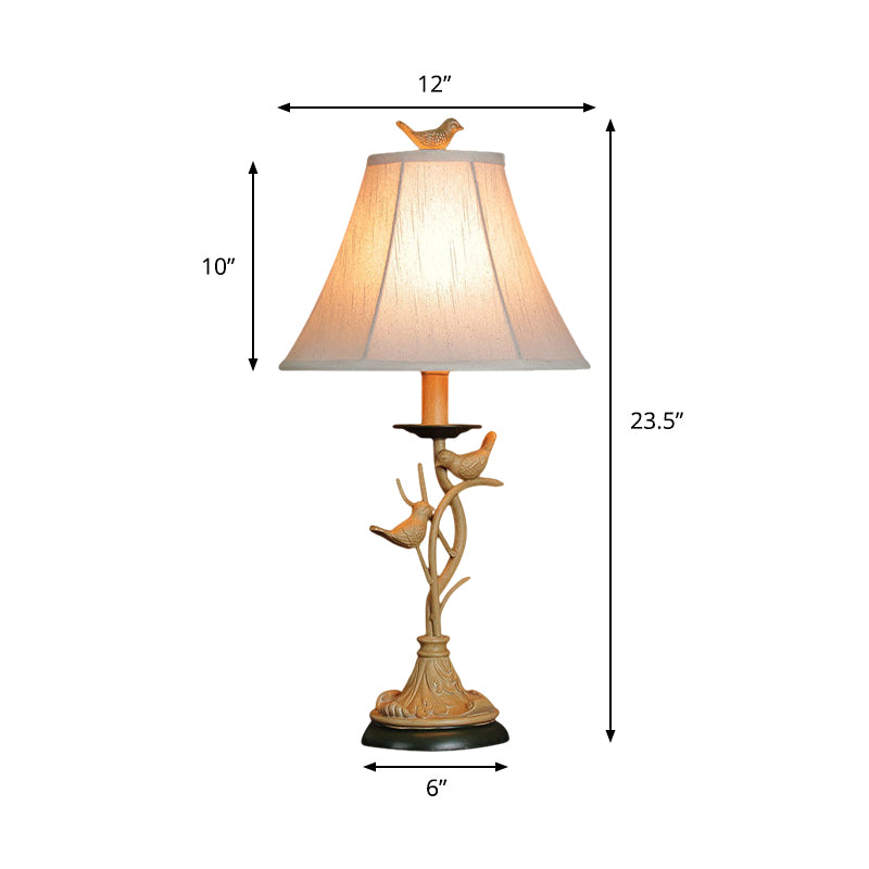 Khaki 1 Bulb Table Lamp Country Fabric Flared Nightstand Light with Twig and Bird Decoration Clearhalo 'Lamps' 'Table Lamps' Lighting' 786239