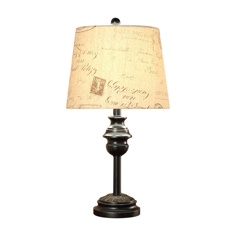 Single Bulb Night Light Rustic Tapered Drum Script Printed Fabric Table Lighting in Black Clearhalo 'Lamps' 'Table Lamps' Lighting' 786242