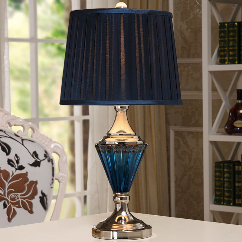 Blue Prismatic Glass Cone Night Light Vintage 1 Head Living Room Table Lamp with Pleated Shade in Black Clearhalo 'Lamps' 'Table Lamps' Lighting' 786249