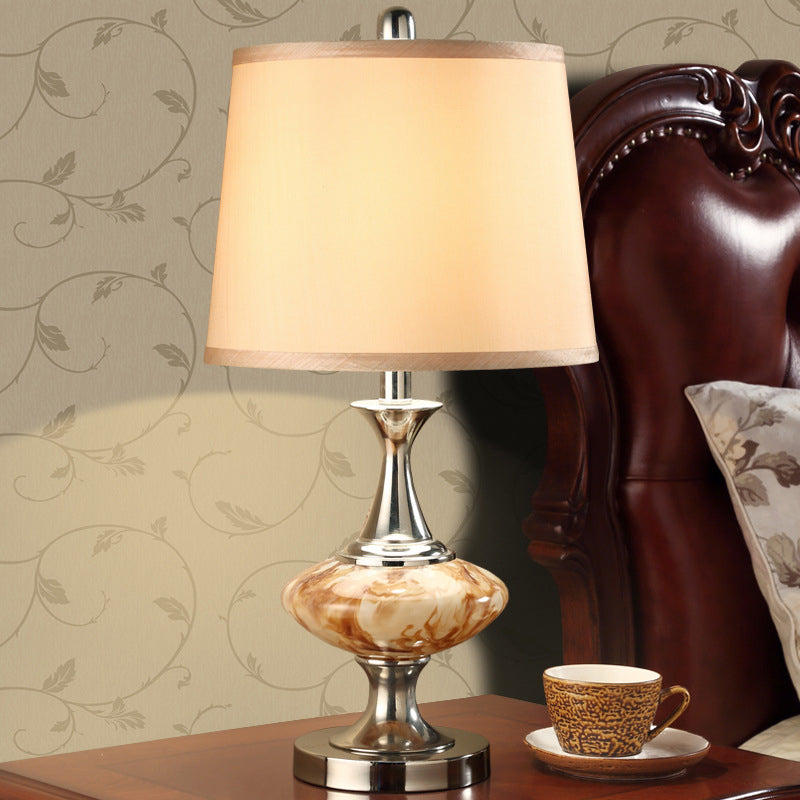 Country Drum Nightstand Light 1 Light Fabric Table Lighting with Bellied Base in Nickel Clearhalo 'Lamps' 'Table Lamps' Lighting' 786253