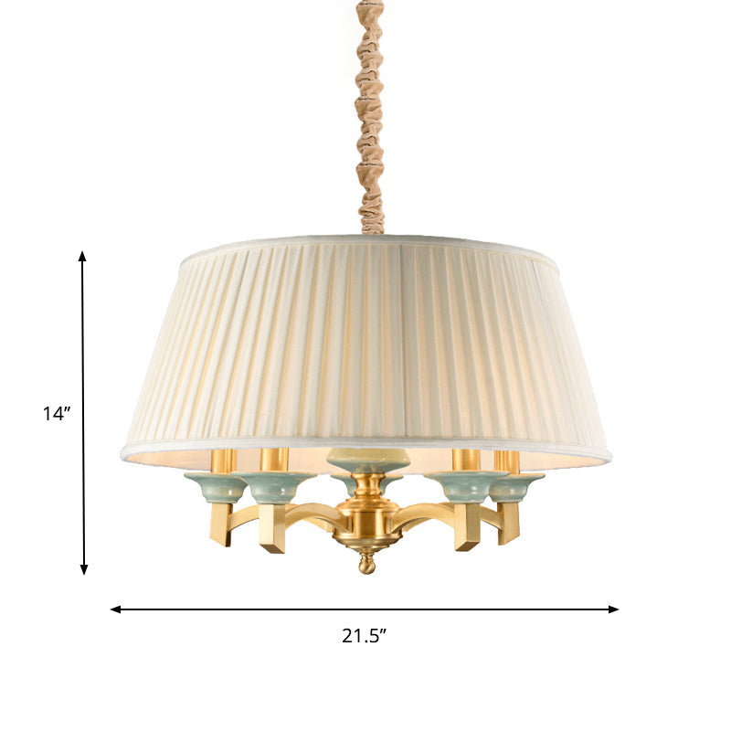 Tapered Drum Dining Room Chandelier Traditional Fabric 5-Head Brass Finish Hanging Ceiling Light Clearhalo 'Ceiling Lights' 'Chandeliers' Lighting' options 786287