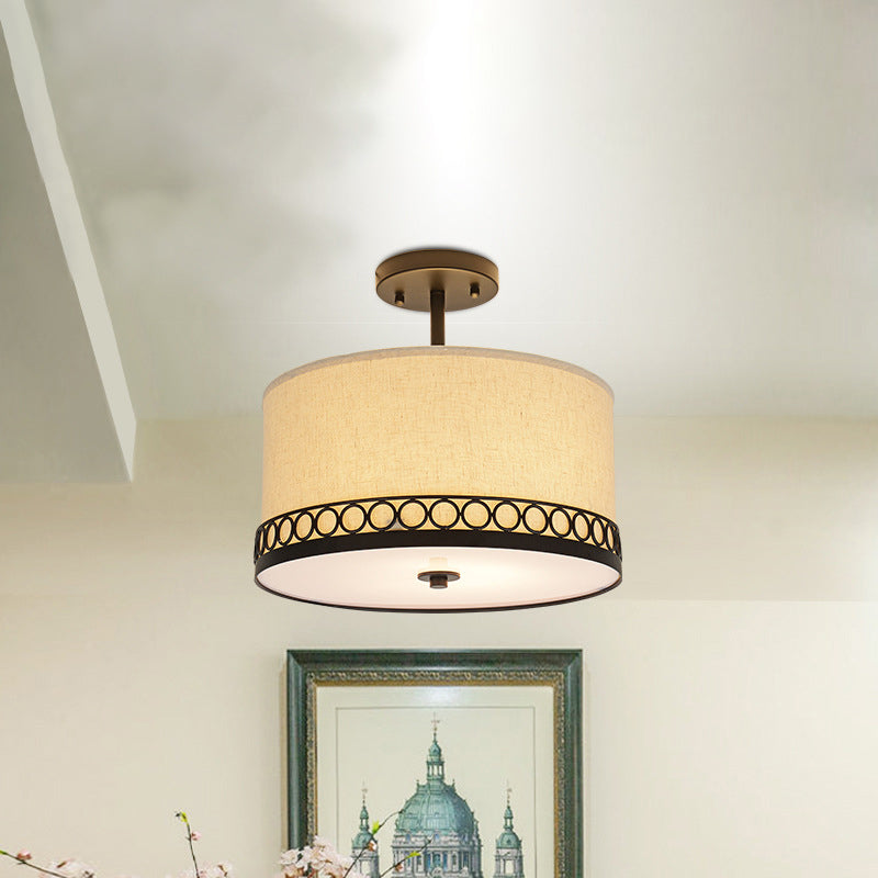 Drum Fabric Semi Mount Lighting Traditional 1 Head Bedroom Ceiling Light Fixture in Black Black Clearhalo 'Ceiling Lights' 'Close To Ceiling Lights' 'Close to ceiling' 'Semi-flushmount' Lighting' 786338