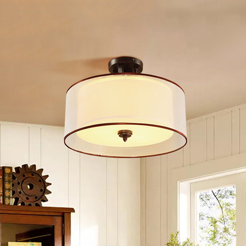 3/5 Lights Semi Flush Classic Style Double Drum Shade Fabric Ceiling Mounted Fixture in Black, 16