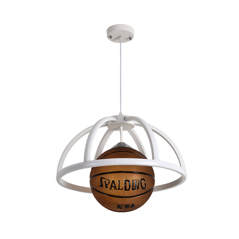 Basketball Pendant Lighting Kids Acrylic 1-Light White and Brown Suspension Lamp with Dome Frame in Warm/White Light Clearhalo 'Ceiling Lights' 'Pendant Lights' 'Pendants' Lighting' 786466