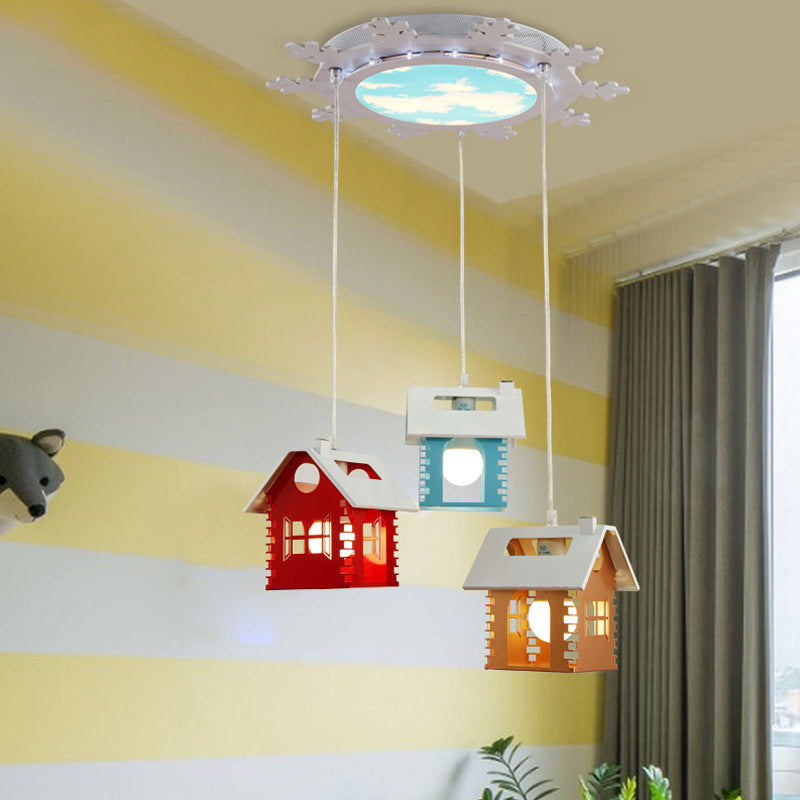 Metallic House Shape Multi Light Pendant Macaron 3 Heads Red-Yellow-Blue Suspension Lamp Clearhalo 'Ceiling Lights' 'Pendant Lights' 'Pendants' Lighting' 786555