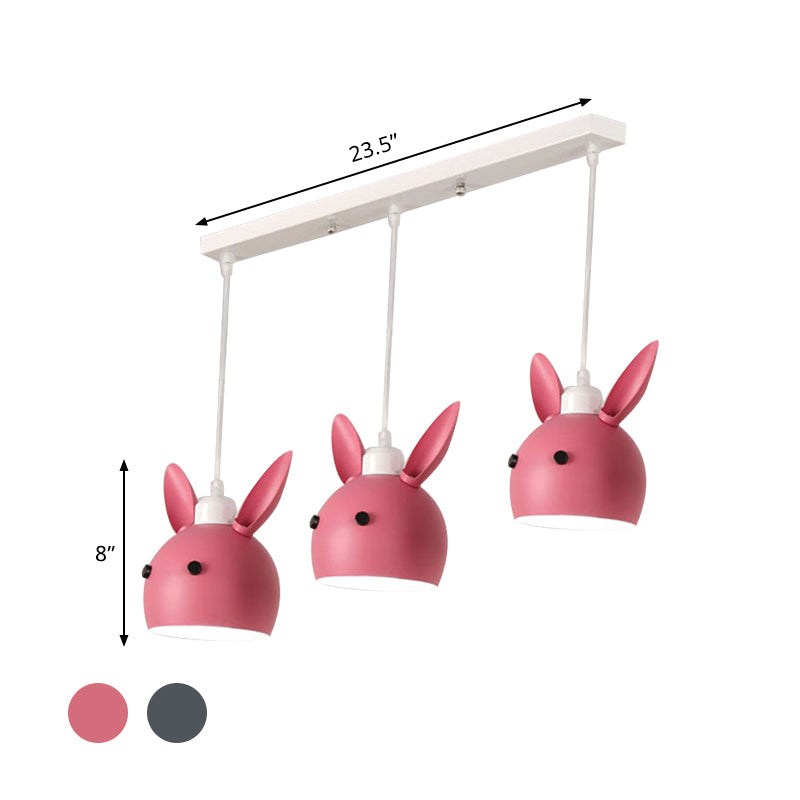 Macaron 3-Light Multiple Hanging Light Grey/Pink Rabbit Head Shape Pendulum Lamp with Metal Shade Clearhalo 'Ceiling Lights' 'Pendant Lights' 'Pendants' Lighting' 786570