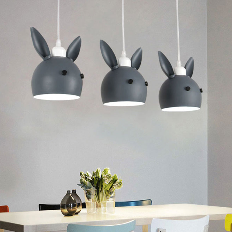 Macaron 3-Light Multiple Hanging Light Grey/Pink Rabbit Head Shape Pendulum Lamp with Metal Shade Clearhalo 'Ceiling Lights' 'Pendant Lights' 'Pendants' Lighting' 786571