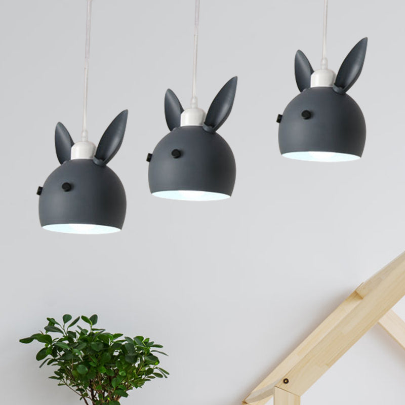 Macaron 3-Light Multiple Hanging Light Grey/Pink Rabbit Head Shape Pendulum Lamp with Metal Shade Clearhalo 'Ceiling Lights' 'Pendant Lights' 'Pendants' Lighting' 786573