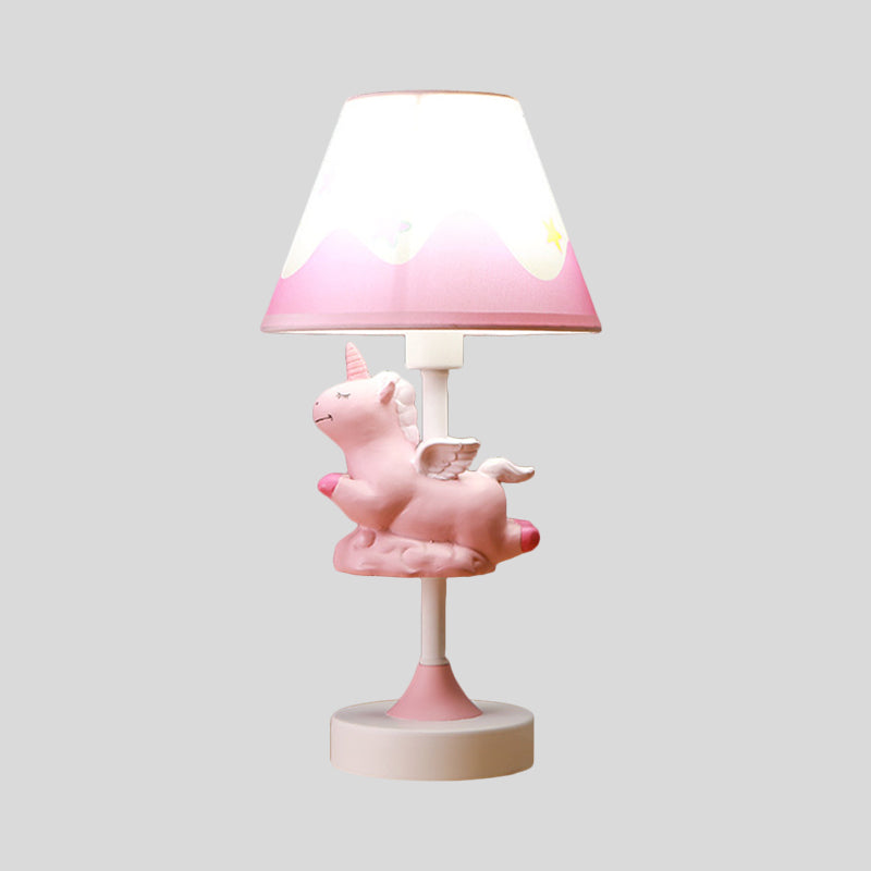 Unicorn Bedroom Night Light Resin 1-Light Cartoon Night Table Lamp in Pink/Yellow/Blue with Cone Fabric Shade Clearhalo 'Lamps' 'Table Lamps' Lighting' 786737