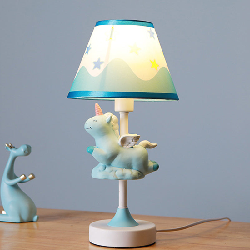 Unicorn Bedroom Night Light Resin 1-Light Cartoon Night Table Lamp in Pink/Yellow/Blue with Cone Fabric Shade Blue Clearhalo 'Lamps' 'Table Lamps' Lighting' 786743