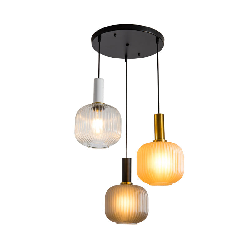 Modern Cluster Jar Pendant Colored Ribbed Glass 3 Lights Gold Suspended Lighting Fixture Clearhalo 'Ceiling Lights' 'Close To Ceiling Lights' 'Glass shade' 'Glass' 'Modern Pendants' 'Modern' 'Pendant Lights' 'Pendants' Lighting' 786865