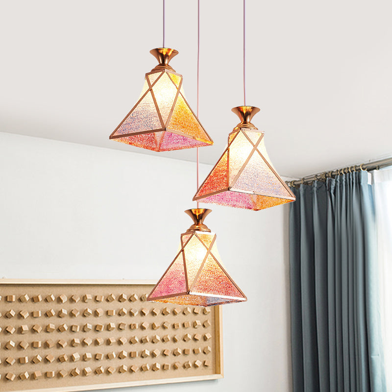 3-Head Dining Room Multiple Hanging Light Modern Stylish Rose Gold Pendant Lamp with Pyramidal Gradient Pink Glass Shade Pink Clearhalo 'Ceiling Lights' 'Close To Ceiling Lights' 'Glass shade' 'Glass' 'Modern Pendants' 'Modern' 'Pendant Lights' 'Pendants' Lighting' 786868