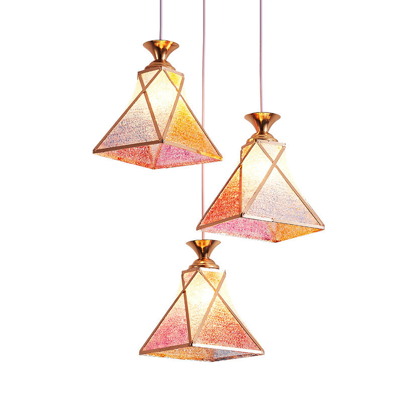 3-Head Dining Room Multiple Hanging Light Modern Stylish Rose Gold Pendant Lamp with Pyramidal Gradient Pink Glass Shade Clearhalo 'Ceiling Lights' 'Close To Ceiling Lights' 'Glass shade' 'Glass' 'Modern Pendants' 'Modern' 'Pendant Lights' 'Pendants' Lighting' 786869