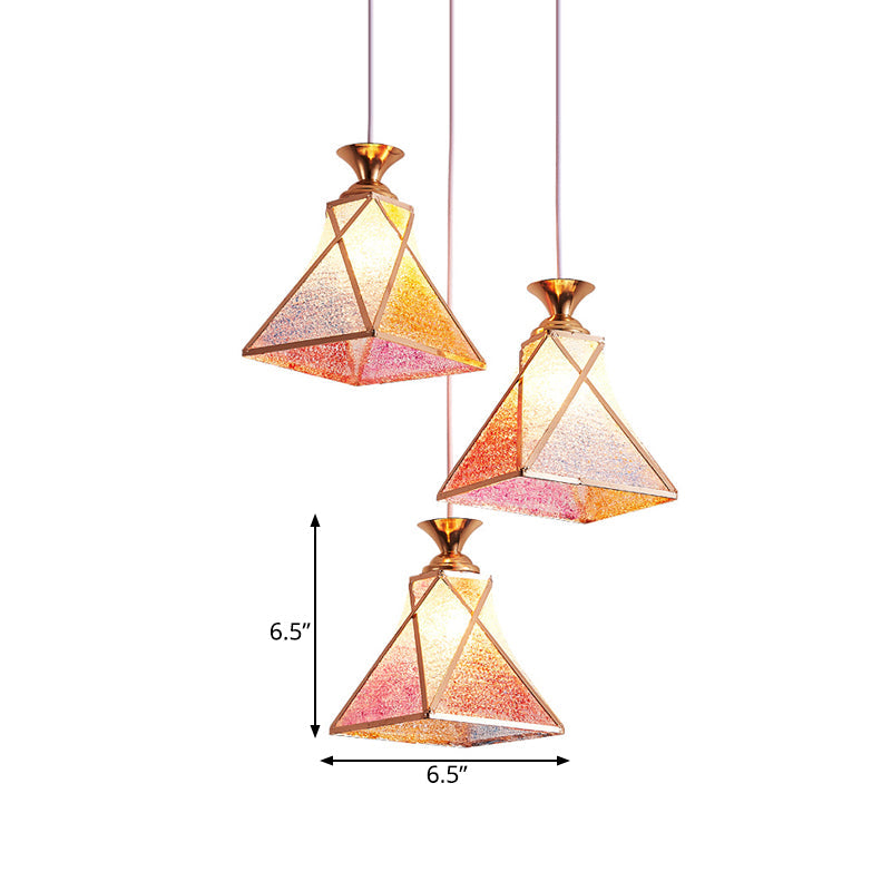 3-Head Dining Room Multiple Hanging Light Modern Stylish Rose Gold Pendant Lamp with Pyramidal Gradient Pink Glass Shade Clearhalo 'Ceiling Lights' 'Close To Ceiling Lights' 'Glass shade' 'Glass' 'Modern Pendants' 'Modern' 'Pendant Lights' 'Pendants' Lighting' 786871