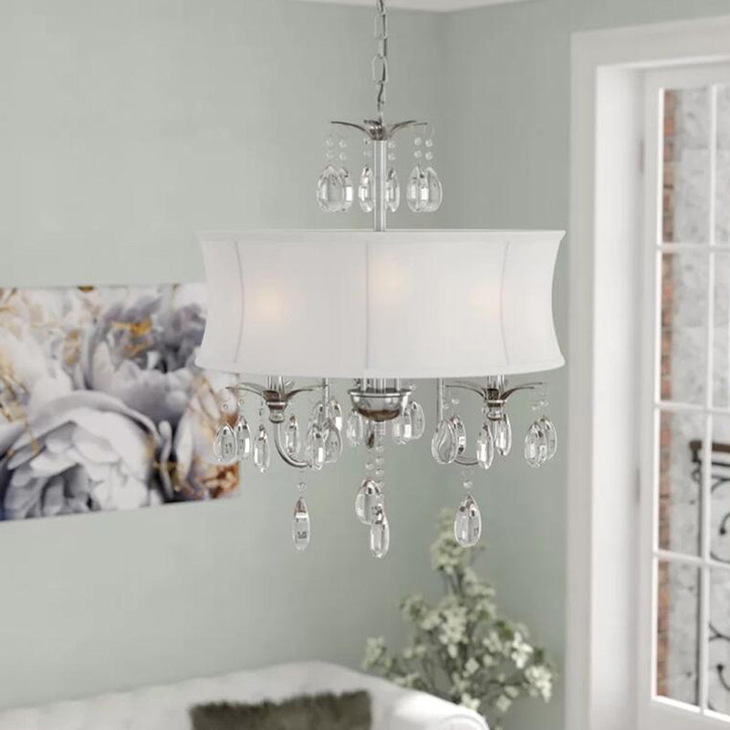 White Round Chandelier Light Contemporary Fabric 3 Heads Living Room Pendant Lamp with Crystal Drop White Clearhalo 'Ceiling Lights' 'Chandeliers' 'Modern Chandeliers' 'Modern' Lighting' 786922