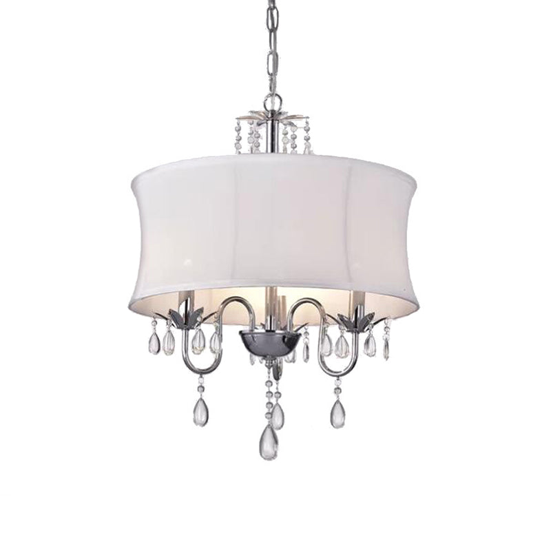White Round Chandelier Light Contemporary Fabric 3 Heads Living Room Pendant Lamp with Crystal Drop Clearhalo 'Ceiling Lights' 'Chandeliers' 'Modern Chandeliers' 'Modern' Lighting' 786923