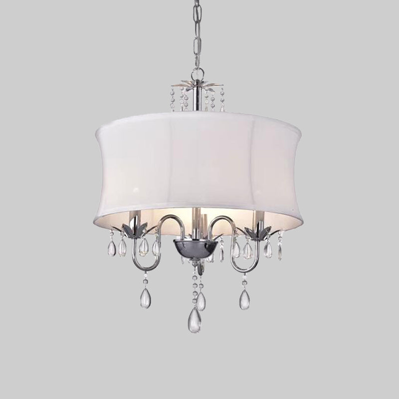 White Round Chandelier Light Contemporary Fabric 3 Heads Living Room Pendant Lamp with Crystal Drop Clearhalo 'Ceiling Lights' 'Chandeliers' 'Modern Chandeliers' 'Modern' Lighting' 786924