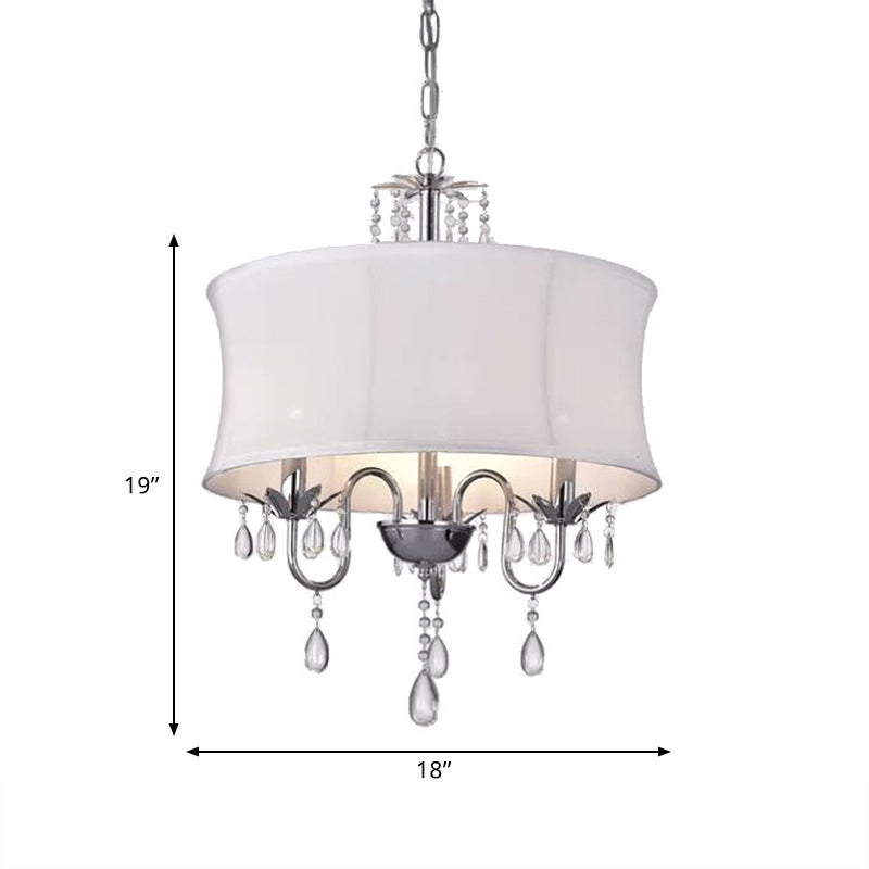 White Round Chandelier Light Contemporary Fabric 3 Heads Living Room Pendant Lamp with Crystal Drop Clearhalo 'Ceiling Lights' 'Chandeliers' 'Modern Chandeliers' 'Modern' Lighting' 786925